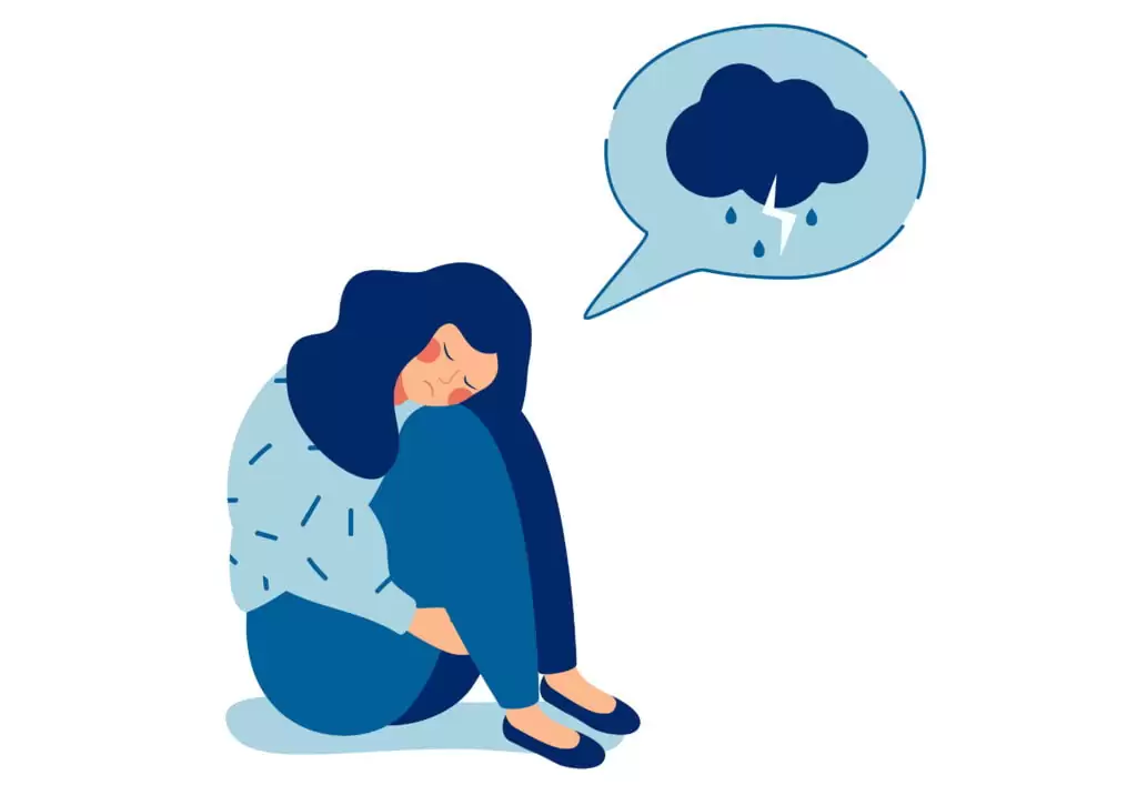 An illustration of a woman sitting down with a rain cloud above her head